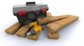 3D render of a power drill with wood
