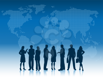 Silhouettes of business people on a world map background