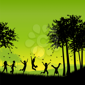 Silhouettes of children playing outside chasing butterflies