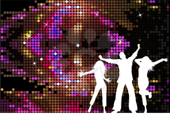 Silhouettes of people dancing on disco background