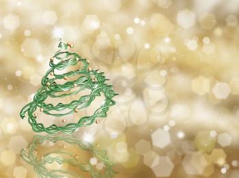 Twisted Christmas tree on golden background blurred lights