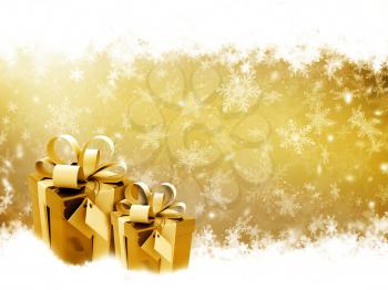 Golden Christmas gifts on snowflake background