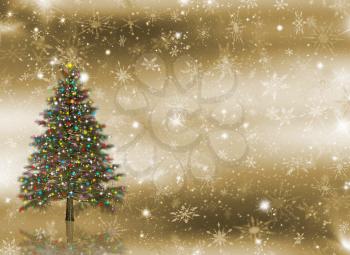 Christmas tree with glittering lights on snowflake background
