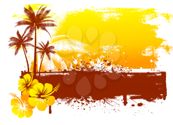 Grunge summer background with hibiscus flowers and palm trees