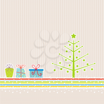 Retro styled Christmas background with tree and gifts