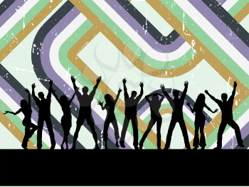 Silhouettes of people dancing on a retro grunge background