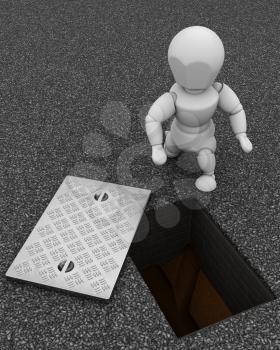 3D render of Builder inspecting drains through manhole cover