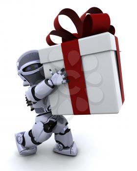 3D render of a robot carrying christmas gift box with bow