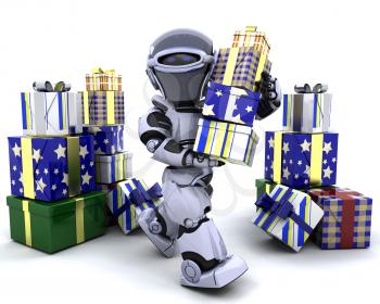 3D render of robot with big stack of gifts