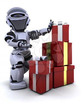 3D render of a robot with gift boxes with bows