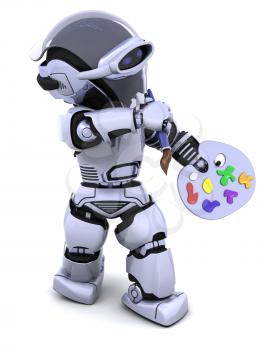3D render of robot with a pallette and paint brush