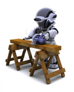 3D render of robot with power saw cutting wood