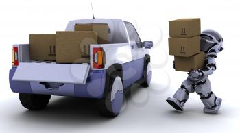 3D render of robot loading boxes into the back of a truck