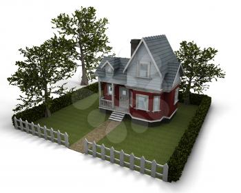 3D render of a traditional timber house with garden