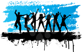 Silhouettes of people dancing on a grunge background