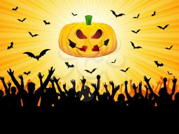 Halloween party background with a crowd silhouette, pumpkin and flying bats