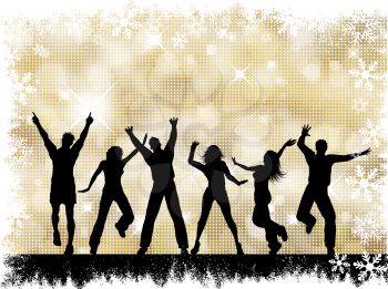 Silhouettes of people dancing on a golden snowflake halftone background