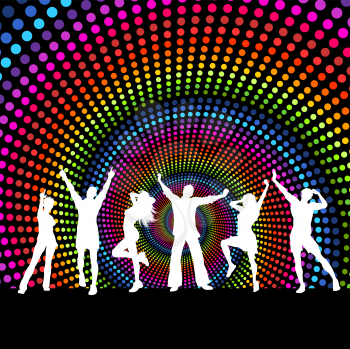 Silhouettes of people dancing on a spectrum coloured background