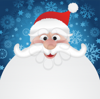 Cartoon Santas face on a snowflake background
