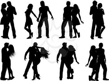 Silhouettes of lots of couples in various poses