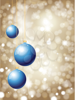 Hanging Christmas baubles on a glittery gold background