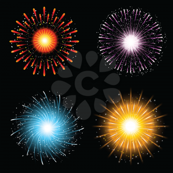 A collection of four brightly coloured firework explosions