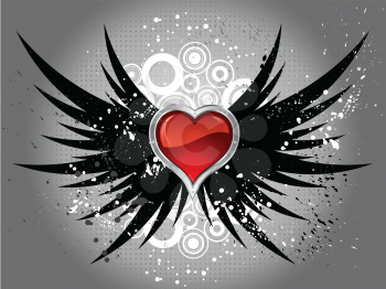 Glossy red heart on grunge wings background