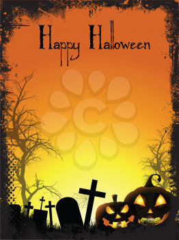 Halloween background with spooky pumpkins and graveyard