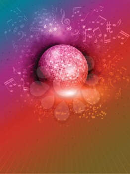Abstract mirror ball background with music notes and rainbow colours