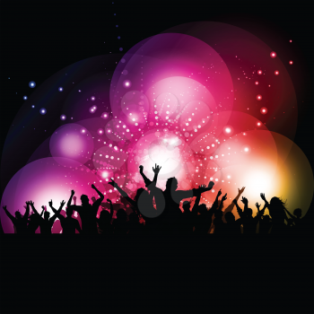 Silhouette of a party audience on a glowing lights background
