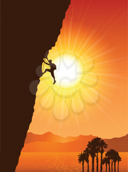 Silhouette of a rock climber against a tropical landscape