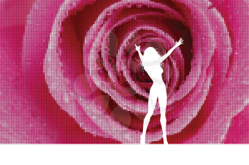 Silhouette of a sexy female on a rose mosaic background