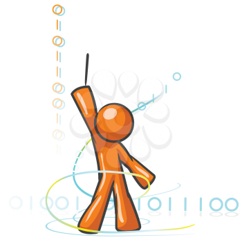 Royalty Free Clipart Image of a Guy With Ones and Zeros Around Him Composing Code Like Music