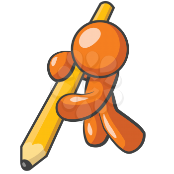 Royalty Free Clipart Image of an Orange Man Writing with a Pencil