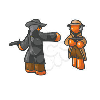 Two orange men ready to have a duel, or perhaps the are speaking to each other on how to use guns properly. 