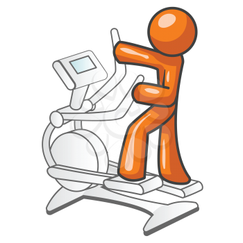 An orange man excersizing on a workout machine.