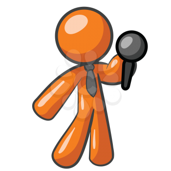 An orange man holding a microphone giving a speech or presentation. 
