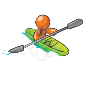 An orange man kayaking in the water. 
