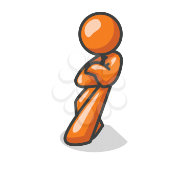 An orange man leaning back against an invisible barrier in a confident way. 