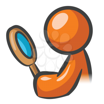 An orange man looking through a magnifying glass. 