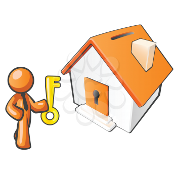 An orange man with a key to his new home, which amazingly is also orange. 