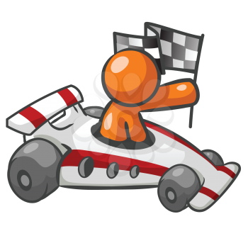 Orange Man Sitting in a race car and holding a checkered flag. 