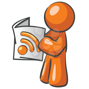  An orange man reading a newspaper with an RSS symbol. Good news feed concept. 