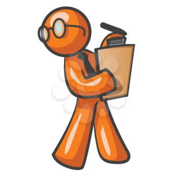 An orange man walking with a clipboard, in a responsible, supervisory manner.