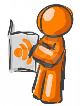  A digital sketch painting of an orange man reading a newspaper with an RSS symbol. Good news feed concept. 