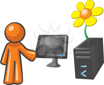 Orange Man recycling his computer. There is a flower growing out of it.