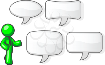A green man in a speaking pose with four word bubbles to choose from to accompany him.