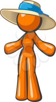 Orange lady wearing a large hat.
