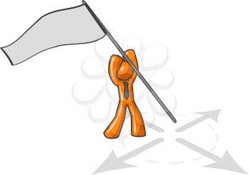 An orange man sticking a flag in the ground to claim his territory.