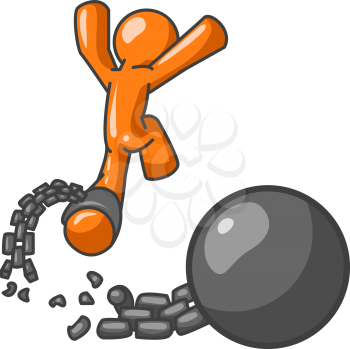 An orange man escaping from a ball and chain, which can be a good concept on breaking from a contract, divorce, or escaping adversity.